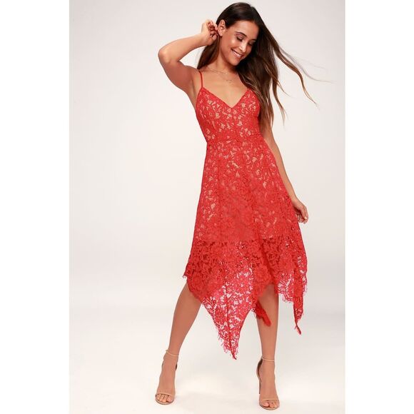 Lulus One Wish Red Lace Midi Dress size M - Picture 1 of 8
